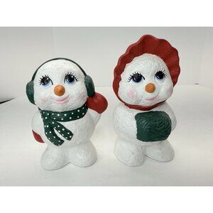 Vintage Ceramic Hand Painted Snowman Couple Pair Mr & Mrs Winter Decor